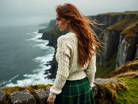 (back facing viewer:2), (analog photograph, hyperrealistic, masterpiece, 8K, soft cinematic lighting, cold|dreary atmosphere, windy:1.75), (tall woman, very long messy hair, overlooking the cliffs of Moore, tight white knitted aran sweater, short plaid green skirt:1.5), pale skin, redhead, skinny <lora:RMSDXL_Enhance:1.5>  <lora:RMSDXL_Creative:1>