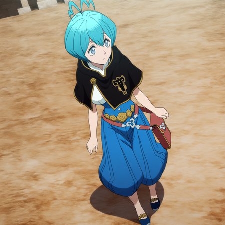 sharp focus, pixiv masterpiece, source_anime, score_9, absurd res, high res, anime_screencap,
 <lora:Grey_blackclover_IL_v36-000015:1>, grey_bc, 1girl, solo, grey-blue_eyes, cyan_hair, short_hair, antenna_hair, black_capelet,  sleeveless_shirt,  high-waisted_pants, waist_flowers, metal_belt, pouch,  standing, arms_at_sides, (simple background:1.1), blushing, wavy_mouth, star_on_emblem,