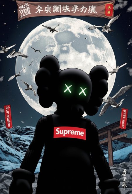 4si4n kaws, It depicts a scene of kaws wearing a black shirt that has the "SUPREME" logo on it, posing with the moon behind, poster from the series Fifty-Three Stations of the Tokaido by Utagawa Kunisada Toyokuni III/Kunisada III. epic, masterpiece composition, movement, voxels., volumetric lighting, RTX on, poster from the series Fifty-Three Stations of the Tokaido by Utagawa Kunisada Toyokuni III/Kunisada III. epic, masterpiece composition, movement