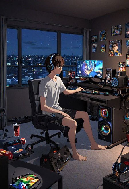 Highres, Masterpiece, High Quality, 4K, 8K, solo, 1Boy, Seiya Kanie, short dark brown hair, golden eyes, potarit, bed room, game room, comfortable, dark walls, RGB lights, quiet, window, night view, keyboard, pc, mouse, laptop, mattress, headset, speakers, stickers, soda drinks, snacks,, easynegative, detailed_eye_model