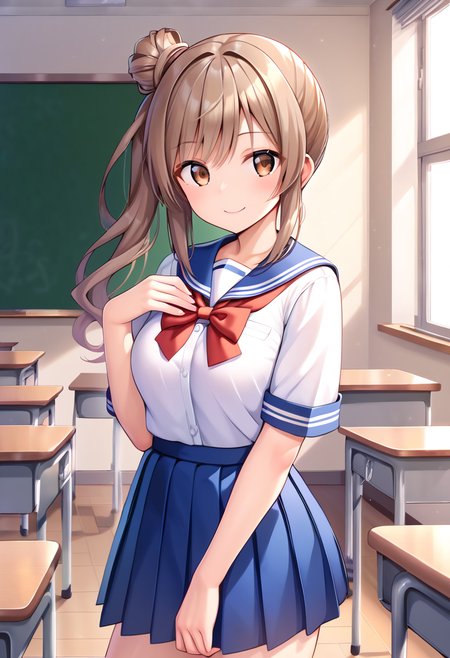 score_9, score_8_up, score_7_up, score_6_up, score_5_up, score_4_up, source_anime,
BREAK,
solo, 1girl, standing, looking at viewer, smile, school uniform, classroom, 
<lora:satou_sasara_ponyXL_v1:1> satou sasara, brown hair, side ponytail, single hair bun, long hair, brown eyes,