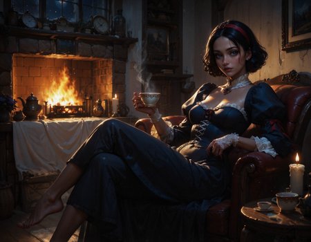 score_9, score_8_up, score_7_up, score_6_up, score_5_up, score_4_up,  gothic, medieval, 1girl, Snow White and seven dwarves, short black hair, sitting, cup of tea, hot tea, posing, looking at viewer, pearls, lace gloves, living room, fireplace, fire, night, candle-lit, oiled skin, tan skin, sultry look