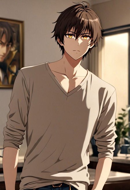 Highres, Masterpiece, High Quality, 4K, 8K, solo, 1Boy, Seiya Kanie, short dark brown hair, golden eyes, casual, v-neck, singer, narcissistic, easynegative, detailed_eye_model