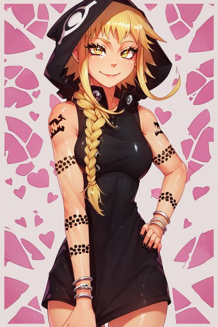 score_9, score_8_up, score_8, medium breasts, (curvy), cute, eyelashes,       BREAK, , zzMedusa, blonde hair, long hair, braid, yellow eyes, tattoo,  hood, jewelry, bracelet, sleeveless, nail polish, hoodie, braid, black nails,  <lora:Medusa_SoulEater_PDXL_v2:1.0>, BREAK, smile, closed mouth, looking at viewer, cowboy shot, ,,, embedding:zPDXL, Expressiveh, ,,, <lora:Puppypaww_Style_PDXL_v2:0.8>, <lora:SDXLFaeTastic2400:0.5>, <lora:Expressive_H-000001:0.4>,