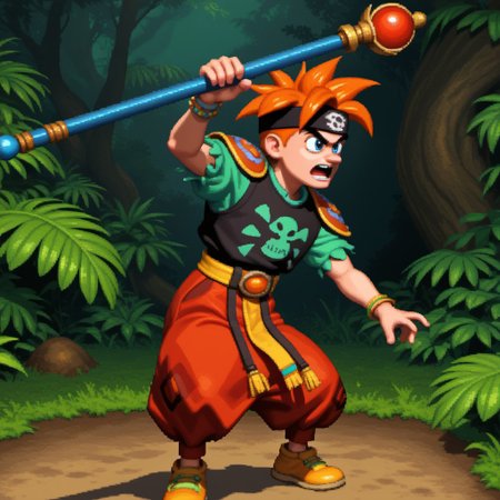 terranigmark, score_9, score_8_up, score_7_up, score_6_up, score_5_up, score_4_up,, dkcstyle,, pixel art,, spiky orange hair, pauldrons with faces, jeweled headband, print shirt, green sleeves, bracelets, belt with dangling straps, red baggy pants, shoes, holding bo staff, action pose, jungle background