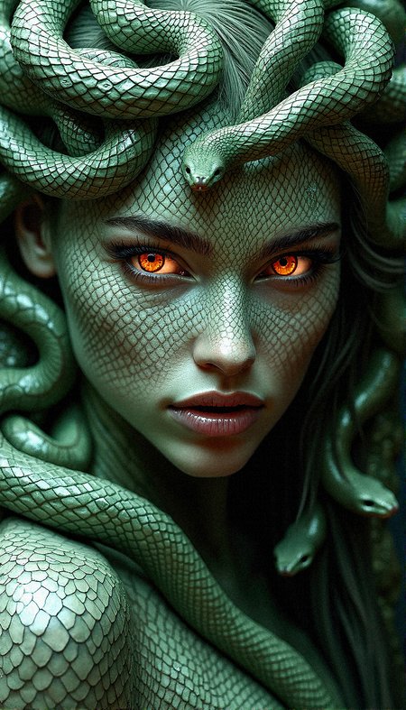 a hyper-realistic close-up portrait of a Medusa-inspired woman with snake hair and skin covered in intricate, diamond-patterned scales, like those of a real snake. Her skin should have a greenish hue, with each scale meticulously detailed and reflecting light in a way that gives her an almost metallic sheen. Her eyes are a fiery orange, filled with intensity and mystery, contrasting with the cool tones of her reptilian skin. The snakes in her hair should be rendered with the same scaly texture, each serpent’s scales catching the light and showing a similar pattern to her skin, as if they are extensions of herself.

The overall composition should give the impression of a living armor, with the scaly texture continuing across her neck, shoulders, and chest, blending seamlessly into her skin. The background should be kept neutral, allowing the complex textures and intricate details of her scales and the snakes to stand out. Aim for a photorealistic effect that captures the interplay of light on her scales, the depth of her gaze, and the tactile quality of her snake hair, blending fantasy and hyper-realism in a striking way. Lips slightly parted with a look of surprise, as if reacting to something unexpected, her gaze intense.
































