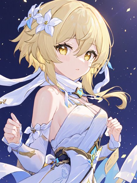 ultra-detailed,(best quality),((masterpiece)),(highres),original,extremely,    <lora:yingx_xl-000010:1>,(\ying\), 1girl, lumine \(genshin impact\), solo, blonde hair, flower, dress, hair flower, hair ornament,,yellow eyes, white dress, detached sleeves,  bangs, hair between eyes,  white flower, short hair with long locks, white scarf