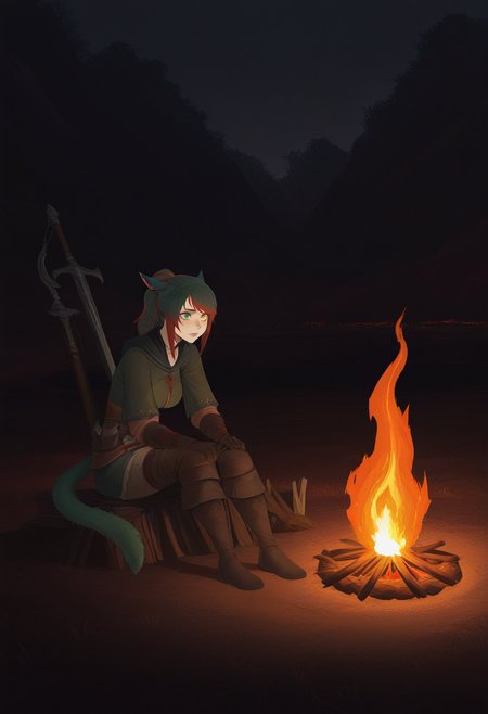 masterpiece, best quality, absurdres, CatGirlStyle,
1girl, siriha, miqo'te, green hair, red hair, two-tone hair, tail, heterochromia, yellow eyes, green eyes,
adventurer,
sitting, campfire, sword in campfire, bonfire \(dark souls\),
night, dark, warm lighting, orange glow