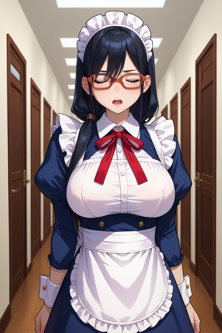 score_9, score_8_up, score_7_up, score_6_up, source_anime, 1girl, solo, <lora:kouenjimiko-pdxl-nvwls-v1-000006:1> kouenjim, black hair, hair over shoulder, long hair, glasses, red-framed eyewear, large breasts, maid headdress, maid dress, puffy sleeves, wrist cuffs, apron, looking at viewer, closed eyes, sigh, open mouth, hallway, indoors