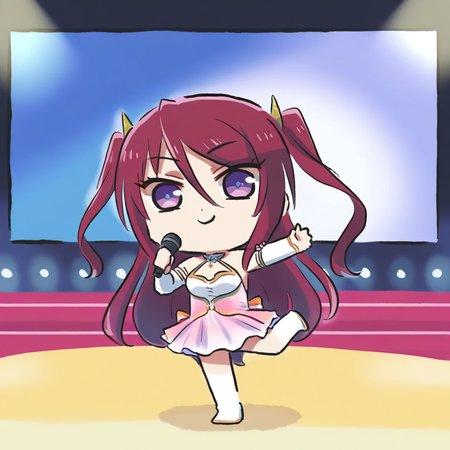 newest stylish, extreme aesthetic, 1girl, solo, BeatriceKushan, standing on one leg, purple eyes, dancing, reaching towards viewer, hand up, holding microphone, > o, pink dress, smile, juliet sleeves, bare shoulders, detached sleeves, two side up, looking at viewer, chibi, full body, xinzoruo, stage, screen, spotlight, <lora:Bea&KilaKushan-ilxi01:0.5>, <lora:XinzoruoStyle2_AnimagineXLv3:0.5>