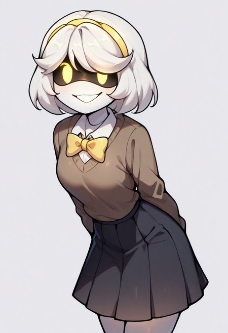 (masterpiece, high quality, highly detailed, best quality), SD-V, 1girl, solo, robot girl, humanoid robot, robot joints, hairband, short white hair, yellow eyes, solid circle pupils,
solo, skirt, short hair, , looking at viewer, , sweater, bow, bowtie, pleated skirt, white background, , bangs, black skirt, school uniform, simple background, long sleeves, smile