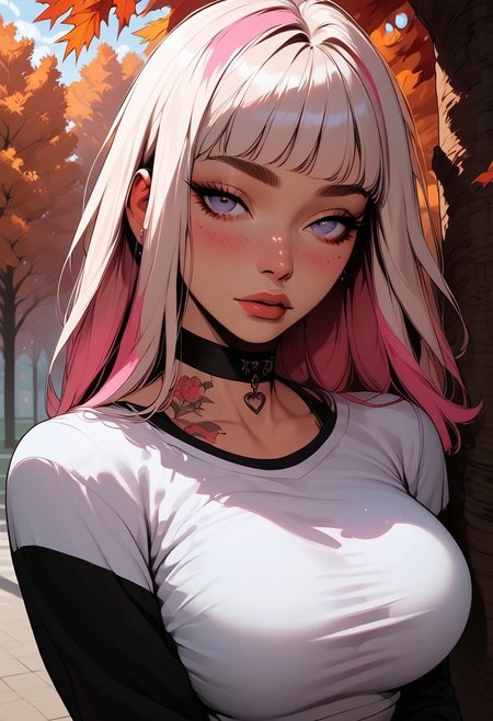 Score_9, Score8_up, Score_7_up, (((High Resolution, Best Quality))), 
1girl, solo, toned arms, white blonde hair, single pink streak in hair, Covered in Tattoos, neck tattoos, 
white t-shirt, long black sleeves, tight shirt, large breasts, choker, 
seducing, seductive, flirty, tender, loving, playful, looking at viewer, shy body language, 
Leaning against tree, 
Outside, park, autumn, leaves blowing in the wind, Cloudy Sky,