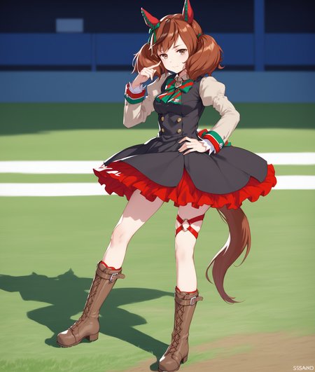 score_9, score_8_up, score_7_up BREAK
(grassland, racing, people:1.3), 
shobufuku, 1girl, solo, breasts, looking at viewer, brown hair, shirt, long sleeves, dress, bow, animal ears, twintails, brown eyes, closed mouth, standing, tail, full body, multicolored hair, boots, puffy sleeves, hand up, medium hair, black dress, streaked hair, hand on hip, buttons, brown footwear, knee boots, horse ears, juliet sleeves, black background, horse girl, horse tail, cross-laced footwear, lace-up boots, ear covers, 
(thighlet, leg warp, o-ring), 
<lora:Nice Nature-ponyXL:0.9>,