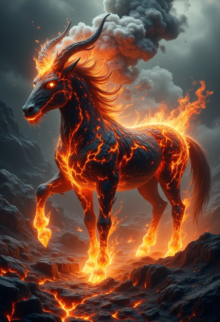 A centaur composed of bubbling lava, steam rising from its fiery form. aidmaMJ6.1 ral-ertmsphr ral-faize