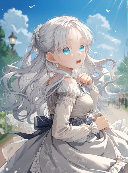 score_9_up, score_8_up, score_7_up, (Anime_source), 1girl,open mouth, in park , looking at viewer, dress, <lora:Aisha_Del_Elmir_-_Into_the_Light_Once_Again:1> aisha del elmir, 1girl, blue eyes, white hair, long hair, medium breasts, white eyeslash, parted bangs, dancing, from behind