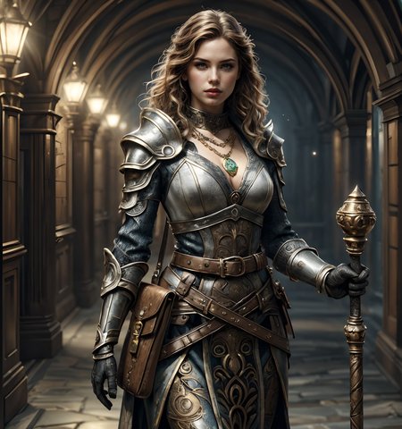 RAW photo, (masterpiece:1.3), subsurface scattering, heavy shadow, (high quality:1.4), (intricate, high detail:1.2), professional photography, HDR, High Dynamic Range, realistic, ultra realistic, photorealistic, high resolution, film photography, ambient lighting, atmospheric effects, <lora:detail_slider_v4:2>, OverallDetail, a female cleric,  <lora:Clerics:0.7>, armor, bag, belt, upper body, gauntlets, holding, magic, necklace, solo, weapon, white gloves, epiCPhoto,  <lora:cleavage:-1>