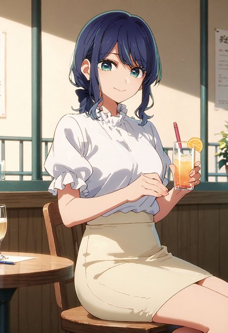 score_9,score_8_up,score_7_up,masterpiece, best quality, <lora:WHM 0.2v:0.5>, WHM, 2D,anime,  
<lora:HandFixer_pdxl_Incrs_v1:0.5>,   
kurokawaakane, 1girl, solo, pencil skirt,, looking at viewer, short sleeves, smile, blue hair,, aqua eyes, sitting, medium hair, blouse, , bangs, closed mouth, yellow skirt, , puffy short sleeves, frilled sleeves, low ponytail, sidelocks, black bow, hair bow, <lora:kurokawaakane_pony2:1>   cowboy shot,smile, drinking glass,