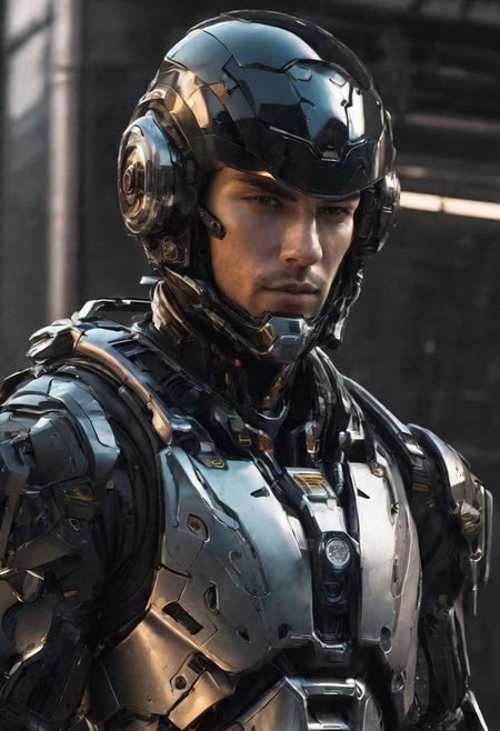 portrait of a soldier, man, cyberpunk, cyber warrior, wearing a black suit with a future theme and metal parts, (wearing a helmet:1.2), sci-fi, science fiction, sci-fi action scence, symmetrical eyes, fine details best quality, hyperdetailed face, photorealistic, highest quality, best shadow, high contrast, character design, moody, film grain, dark, highly detailed. photography, professional, 4k, 8k HD, highly detailed, professional