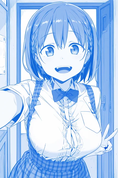 anime screencap, anime coloring, detailed face, masterpiece, best quality, very aesthetic, absurdres, volumetric lighting, official style, amazing quality, ultra detailed, highres, amazing quality, scenery, beautiful detailed hair, beautiful detailed eyes,
 <lora:Ai-chan_Tawawa_on_Monday:1>
blue theme, monochrome, official style, 
Ai-chan (character), 1girl,  breasts, solo, large breasts, open mouth, smile, braid, looking at viewer, button gap, short hair, bow, v, cowboy shot
