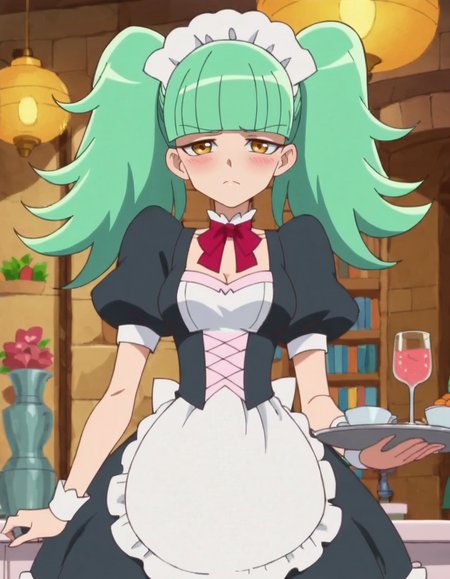 score_9, score_8_up, score_7_up, anime screencap, solo,1girl,light green hair, twintails, yellow eyes,looking at viewer, medium breasts, blunt bangs, closed mouth, long hair, maid, maid headdress,apron,blush ,<lora:bibury:0.8>