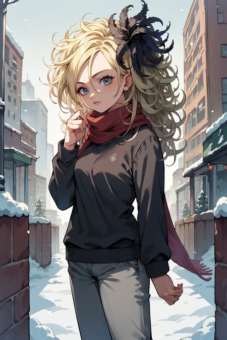 score_9, score_8_up, score_7_up, score_6_up, source_anime, 1girl, solo <lora:dqsetia-pdxl-nvwls-v1-000005:1> dqSetia, blonde hair, curly hair, feather hair ornament, black sweater, grey pants, winter, city, red scarf, looking at you