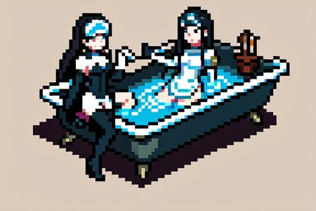 highly insanely detailed, masterpiece, top quality, best quality, highres, 4k, 8k, RAW photo, (very aesthetic, beautiful and aesthetic),  
beth_\(megami_tensei\),bethsmtii,shin megami tensei ii,long hair,black hair,straight hair,sleek black,jewelry,cross,headband,red_lipstick,white gloves,white footwear,holy_knight,holy_knight_armor,breastplate,long white gloves,heeled_boots,armored_heels,elbow gloves,elbow pads,thigh boots, 
<lora:zs_Beth:0.5>, 
(1girl:1.3), 1other, 
Bathhouse,Steam-filled chamber with a sunken bathing pool lined with tiles,shelves stacked with aromatic oils and perfumes,woven baskets for towels,flickering oil lamps,and intricate tile mosaics depicting scenes of daily life,floral background,âââ