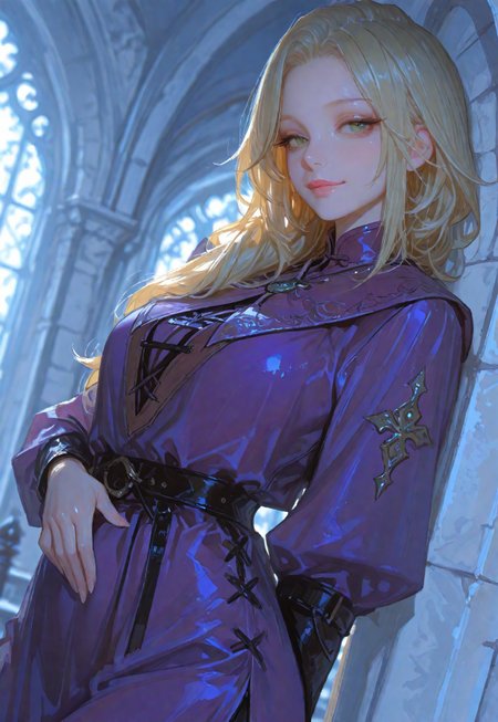  (score_9, score_8_up, score_7_up), white theme, masterwork, masterpiece, best quality, dynamic pose, dynamic angle, (realistic:1.4), (lineless:1.2), detailed, <lora:Detailer_NoobAI_Incrs_v1:0.75>, , aged up, adult, depth of field, blurry, cheekbones, dynamic lighting, high detail, 8k                       girl, kawai girl,Expressiveh, good_hands, best quality,mature woman,              score_9, score_8_up, score_7_up, Anime Style, Cowboy Shot, Rapunzel, cute, seductive, innocent, light smile:0.3, plump lips, slender body, long blonde hair, green eyes, cinematic light, purple dress, happy, medieval castle background, depth of field, dynamic angle, fashion photography, sharp, hyperdetailed:1.15