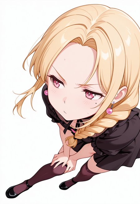 masterpiece,high quality details, absurdres,
 <lora:Yuriko:0.8>
yuriko_cnr, 1girl, blonde hair, long hair, single braid, pink eyes, mole, mole under eye,earrings,, simple background, white background, sideways,solo,, in heat,pain,, :/,, dynamic pose,forehead resting on knees,walking motion,, gothic blouse  ,heart cutout,culottes,  ,var-legwear,