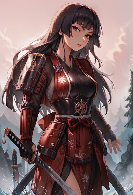 score_9, score_8_up, score_7_up,  1 woman, Japanese, samurai, looks around 20, long hair, straight hair, black hair, medium natural breasts, female focus, katana, samurai armor, rushing at viewer
