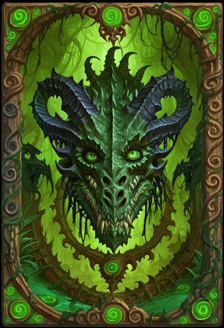 Card, Tarot, graphic border, Illustrative, Dark, angelic, porcelain, black dragon head, detailed, horns, animal skulls, bright background, green eyes, swamp,
score_9, score_8_up, score_7_up,