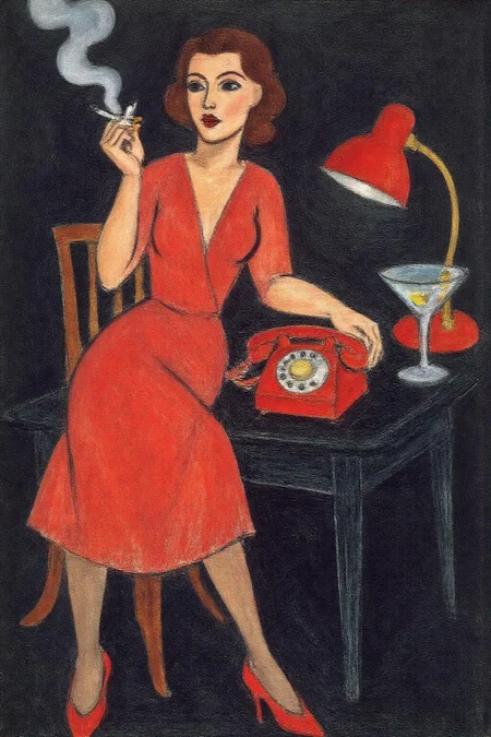 henrimatisse1 painting. 
A woman is sitting on a black desk. She is dressed in a red dress, stockings, and high-heeled shoes. She is holding a cigarette, with smoke rising above her. On the desk are a red rotary telephone, a desk lamp, and a martini glass.  <lora:henrimatisse1_f16e11:1.0><lora:870963290656757093:0>