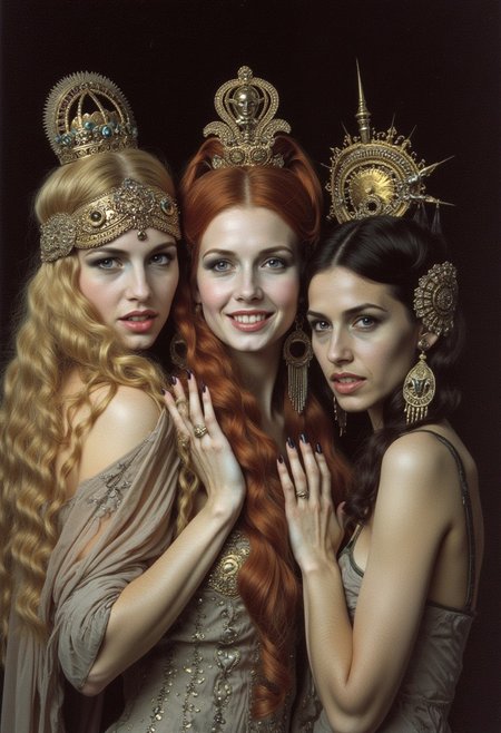 Frank Frazetta fantasy oil painting closeup of three different smiling vampire gypsy women with crowns on their heads posing for a picture, female vampire, vampire woman, perfect image, perfect body, perfect anatomy, sharp image, detailed image, Kodak film, high quality photography, brides of dracula style, long hair, blue eyes, blonde hair, brown hair, black hair, 2girls, teeth, nail polish, fangs, portrait, black nails, photorealistic, epic, beautiful lighting, inpsiring