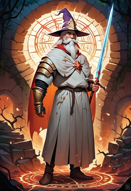 score_9, score_8_up, score_7_up, score_6_up, 
full plate armour,
darkness, stone wall and archway, vines on the wall, dark, full armor, full body, gauntlet, helmet
walking
magic, magic circle, 
claymore, large sword, magical sword, 
wizard hat, beard, mustache, facial hair, huge beard,