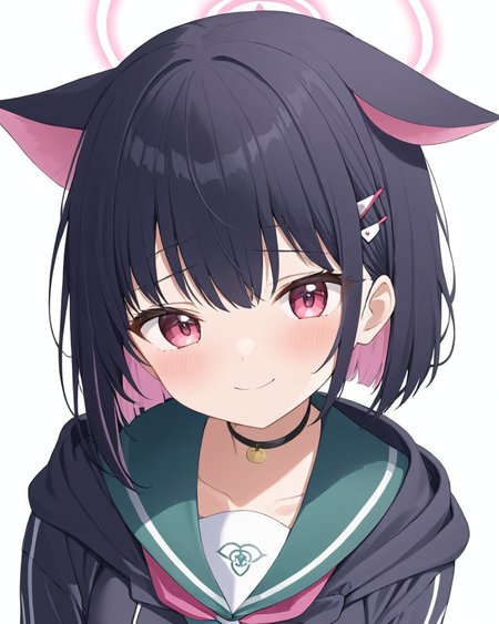 kazusa \(blue archive\),1girl, green_sailor_collar, smile, solo, white_background, upper_body, hairclip, halo, closed_mouth, looking_at_viewer, simple_background, hood_down, black_choker, neckerchief, smug, blush, school_uniform, hooded_jacket
<lora:kazusa_(blue_archive)_image2363_2023-11-28-000006:1>halo. gorgeous,key visual, vibrant, studio anime,award-winning, professional, highly detailed,high budget, cinemascope