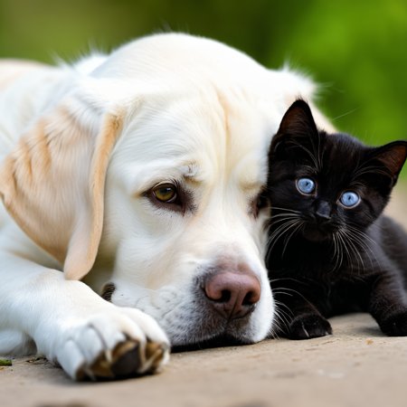a white labrador retriever is laying next to a black kitten,, Ultra-HD-details