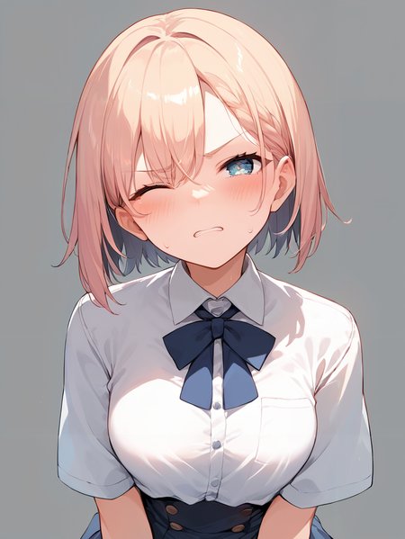 score_9, score_8_up, score_7_up,source_anime, high res image,masterpiece,best quality,(girl:1.0),cute face,clear skin,shiny hair,ultra detailed eyes,simple background, <lora:clenched teeth_pony_V1.0:1> clenched teeth, blush, sweat,closed eyes,hetero