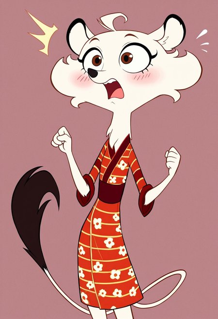 (score_9, score_8, score_7),masterwork, masterpiece, best quality, Hermione01, cream-colored fur, fluffy ears, black ear tips, big round eyes, brown eyes, long curled eyelashes, pink blush, small black nose, short muzzle, curled hair tuft, red and yellow flower-patterned dress, striped kimono top, long thin tail with dark tip, slim body, open mouth, shocked, shock eyes