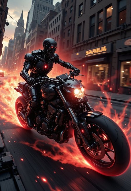nistyle, a_skynet_cyberdyne_craft, the image is featuring a terminator endoskeleton riding a Cyberdyne superbike with a skull mounted on the handlebars, adorned with intricate, metallic details, including bolts, wires, and mechanical components, giving it a highly advanced, industrial military look, red lights and diodes.  He is riding at extreme speed down a narrow cyberpunk alleyway, extreme motion blur on the background and wheels emphasising the extreme speed, sunset, chiascuro, dutch angle