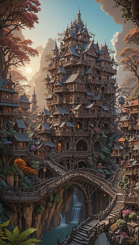 a wonderous and beautiful fantasy world with the Tree House Mansion Village, Multiple Bridges, sun, in the day, insanely detailed and intricate, hyper maximalist, elegant, hyper realistic, super detailed, vivid colours, sunrise, ornate, dynamic, articulate, 8K, <lora:3D_Framed_Wall_Art_-_By_DICE:0.6>, (Framed 3D, 3d Tree), EPIC,  Painstaking Attention To Detail, UHD