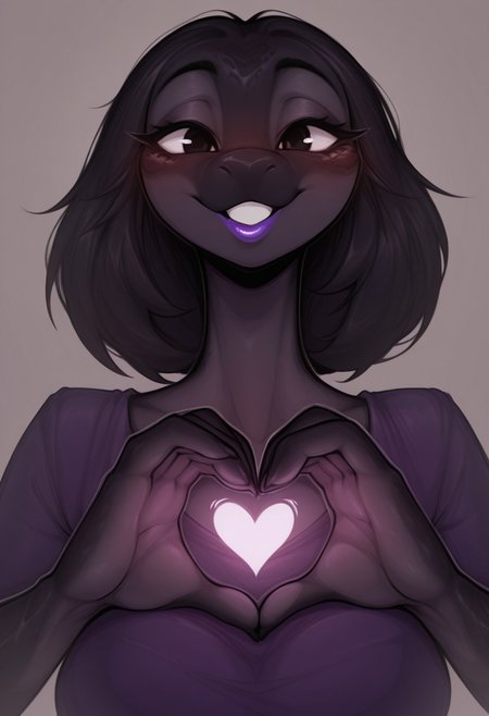 onm11, 1girl, solo, medium build, medium hair, sfw, safe for work, covered skin, flowy dress,  black eyes, purple lipgloss, smiling, portrait, upper body, heart hands, foreshortening, detailed, newest, furry female, furry, anthro