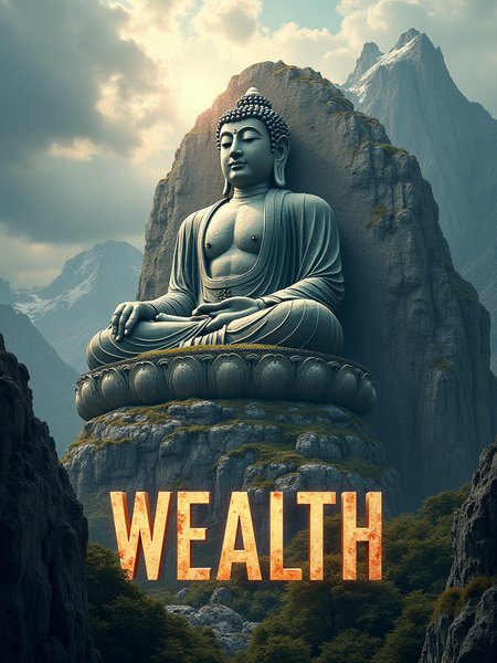 Revised Poster Design Concept: Mountain-Carved Buddha Amidst Majestic Peaks
Overall Style:

Monumental Presence: The poster will showcase a colossal Buddha intricately carved from the mountainside, evoking a sense of awe and reverence.  The theme will center on the passage of time and the enduring power of spirituality.

Mountain-Carved Buddha Design:

Massive Scale: The Buddha will be depicted as an enormous, weathered statue, seamlessly integrated into the mountain itself, showcasing intricate details that highlight both the craftsmanship and the natural rock formation.

Aging Texture: The surface will exhibit signs of erosion and moss, reflecting centuries of weathering and symbolizing the wisdom gained through time.

Background Design:

Majestic Peaks: The Buddha will be surrounded by towering mountains, with the rugged terrain enhancing the grandeur of the scene.

Dramatic Sky: A moody sky filled with swirling clouds and rays of light breaking through will add to the dramatic effect, creating a sense of divine presence.

Light and Shadow Effects:

Powerful Highlights: Strong, directional lighting will illuminate the Buddha’s features, casting deep shadows that emphasize its monumental size and presence.

Atmospheric Depth: The interplay of light and shadow will create a mystical atmosphere, enhancing the feeling of ancient wisdom and timelessness.

Text:

Phrase: Prominently display the word: "Wealth" in a bold, powerful font that resembles ancient inscriptions or stone carvings.

Font Style: Use a rugged, textured font in a deep earth tone, perhaps with a slight glow or shadow to make it stand out against the dramatic background.

Additional Elements:

Ancient Symbols: Incorporate subtle motifs or symbols around the base of the Buddha, such as lotus flowers or ancient scripts, to enhance the spiritual significance.

Nature Elements: Add elements like creeping vines or weathered stones at the base, emphasizing the connection between the Buddha and the enduring natural world.

Overall Effect:
This poster will convey a sense of monumental power and ancient wisdom through the depiction of a colossal mountain-carved Buddha.  The emphasis on the word "Wealth" will resonate with themes of abundance and spiritual richness, creating a visually striking and thought-provoking experience that invites viewers to reflect on the passage of time and the strength of faith.