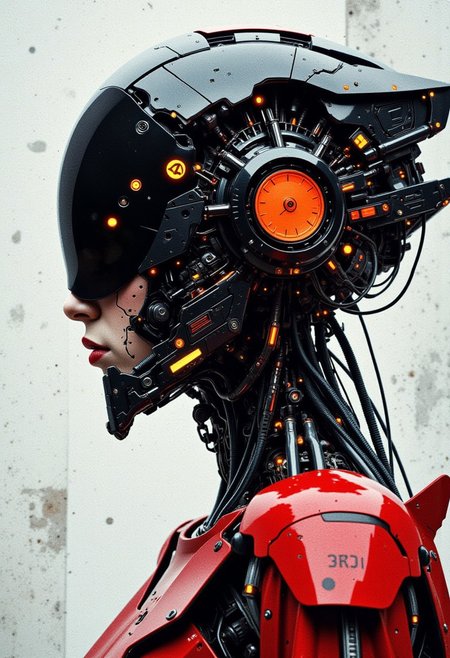oriental cyberpunk cyborg woman, detailed helmet, dutch angle, dynamic, side view