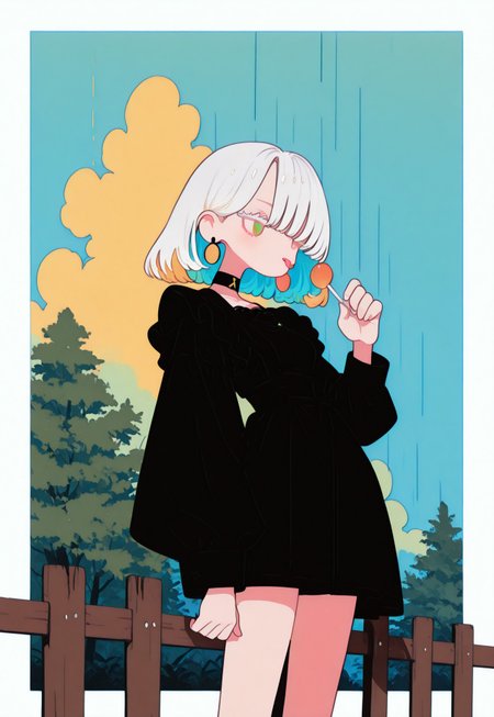 masterpiece, best quality, good quality, very aesthetic, absurdres, newest, 8K,
from side (storm), very strong wind, very windy, cloudy,
BREAK
side portrait of stunning girl standing, bangs, white hair, multicolored hair, bobcut hair, choker, hair over one eye,
small breasts,
earrings, ear pierces, ultra detailed decorative victorian gossamer clothes, very short tight black maid dress, maid apron,
simple pastel gradient blue background with extremely thick white border,
half closed eyes, unfocused eyes, white thick eyelashes, white long eyelashes, pastel cyan eyes,
subtle fangs peeking out from slightly parted lips, tongue loosely hanging out, distant gaze,
emotionless look, looking away,
(holding a lollipop with right hand, licking a lollipop),
ultra-realistic, flatline, flat vector illustration, fl4t,
rain, heavy-rain,
modern fence in background, clouds, trees in background,  colorful, scenery,
lk149,

