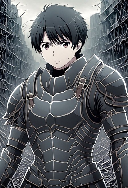 high resolution, solo, best quality, 1Boy, Inaho Kaizuka, Black Hair, dystopia, serious looking, armor, fantasy, OverallDetail