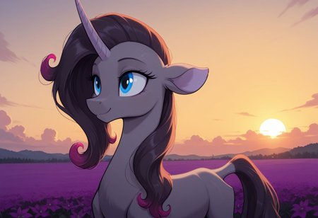 BIG FIELD, sunset, clouds, cheerful, looking away, detailed background, best quality, masterpiece, digital drawing female, mare, SOLO
Oleander TFH
unicorn
grey body with long thin hooves
pointed ears of light purple color
blue eye