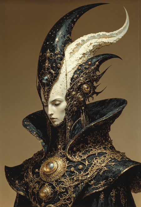 A regal, futuristic portrait of a serene female figure with a pale, porcelain-like face and delicate features, exuding an air of mystery and grace. Her head is adorned with an intricately designed, ornate headdress made of black and gold filigree, resembling a fusion of baroque artistry and advanced technology. The headdress curves elegantly around her head, with subtle details of cosmic symbols and golden patterns etched into its surface, glowing faintly as if imbued with mystical energy. Her downcast gaze and long, dark lashes lend a meditative and introspective aura to her demeanor, while a single golden ornament dangles delicately from her cheek, accentuating her otherworldly beauty.  Her clothing is equally detailed, featuring a high-collared black garment with textures resembling a mix of leather and fine silk, embellished with golden embroidery that flows organically like veins of liquid gold. A prominent, glowing pendant rests at her chest, encased in a complex, mechanical design that hints at a balance between ancient elegance and futuristic functionality. The background is minimalist, a soft gradient of warm beige tones that draws all focus to her striking presence. The composition captures a perfect blend of high fashion, timeless elegance, and advanced sci-fi aesthetics. <lora:frazetta_flux_v2-000150.safetensors:0.4>,  <lora:Flux_-_Renaissance_art_style.safetensors:0.4>,  <lora:flux.1_lora_flyway_Epic-Characters_v1.safetensors:0.3>,  <lora:flux.1_lora_flyway_Epic-detail_v2.safetensors:0.6>,  <lora:Warhammer_Rogue_Trader_Style_flux-000021.safetensors:0.3>,  <lora:Elden_Ring_-_Yoshitaka_Amano.safetensors:1.0>,  <lora:Movie_Portrait.safetensors:0.5>, <lora:- Flux1 - soothing_atmo_V2.0.safetensors:0.2>,  <lora:lith_mimosa_kiel_grw134_FLUX.safetensors:0.4>,