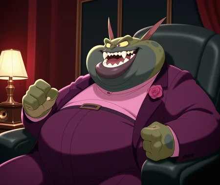 masterpiece, best quality, amazing quality, smile, solo, 1boy,thick lips, sharp teeth, phonograph, fat man, pointy ears, fangs, male focus, 1boy, yellow sclera, open mouth, pink shirt, chair, lamp, purple eyes, sharp teeth, long sleeves, corsage, green skin,  formal, SJSwackhammer, purple suit, clenched hand, colored skin  <lora:SpaceJamSwackhammer:1>