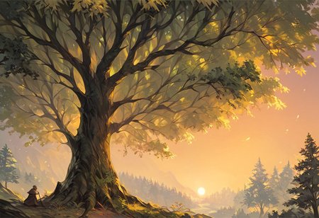 score_9, score_8_up, score_7_up, score_6_up, lanscape, very Peaceful, forest, large and tall trees, giant forest, sunset central focus is an ancient old oak tree