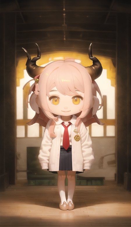 ((masterpiece:1.3, best quality:1.3, high_resolution, distinct_image:1)), (original: 1.2), (ultra detail, ultra detailed), high resolution, RAW photo, light on face, portrait photo, 1line navel,
highres, Lowres, super_detail, finely_detailed, intricate_details, extremely detailed cg, studio lighting, photorealism, 8K UHD, (High definition, High quality texture, High quality shadow), (high detailed skin, skin details, real texture skin, (white skin:1), detailed skin texture), llustration, (perfect_anatomy, perfect_body, perfect_face, perfect_eyes, perfect_fingers), thigh gap, (perfect_nipples, pink nipple:0.1  <lora:H- Covered Nipples_v10:0.2>), character_single, portrait, solo_focus, girl_focus, littleshort, petite figure, skinny, slender, glamorous, (11 shaped abdominal muscles:0.4), fit body, (perfect shiny skin:1), slim and smooth lines, detailed beautiful face, pure face <hypernet:Pure Eros Face_V1:1>, (Glossy skin:1.3), (shiny skin:1.3), cute, Blush, (upper body, From head to chest, close up, face focus), pov, (free pose), (4HEAD TALL), flat_chest,
1girl, solo, (sd character style), (casual style), child, (full body:1, From head to foot, a lot of room over one's head, a lot of room under one's feet), (pink hair, bobbed hair), green eyes, big eyes, Student, (Beige color cardigan),(School uniform, yellow ribbon tie, Black skirt, white socks, black Adidas slippers), two horns on forehead, thin legs, smiling, small breasts <lora:Chibi ArtStyle_v1.0:1><hypernet:(G1) chilloutmix:1>