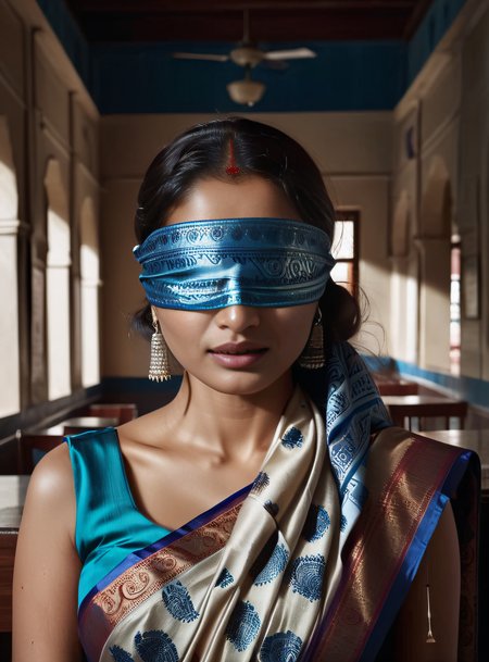 cinematic photograph of a average sized desilatte woman wearing saree,Blue  satin_scarf_blindfold with ethnic print, dark, cinematic, film, filmic,casting shadow, different shadow, window casting shadow light, cinematography, detailed, detailed background of cafeteria , detailed face, high quality, 8k, <lora:satin_scarf_blindfold:1> <lora:Desi_Coffee_V30_SDXL_LoRA:0.5>